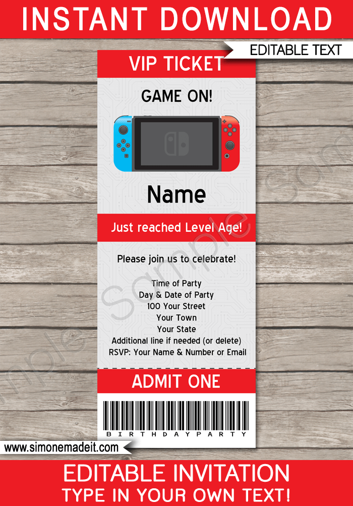 Nintendo Switch Party Ticket Invitation Template | Video Game Birthday Party | Gamer Theme | Editable & Printable DIY Template | INSTANT DOWNLOAD $7.50 via simonemadeit.com