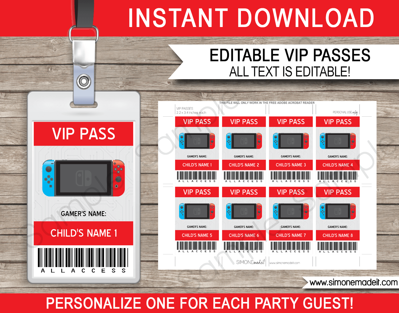 Nintendo Switch Party VIP Passes | Video Game Birthday Party | Gamer Theme | Printable Template with editable text | INSTANT DOWNLOAD via simonemadeit.com