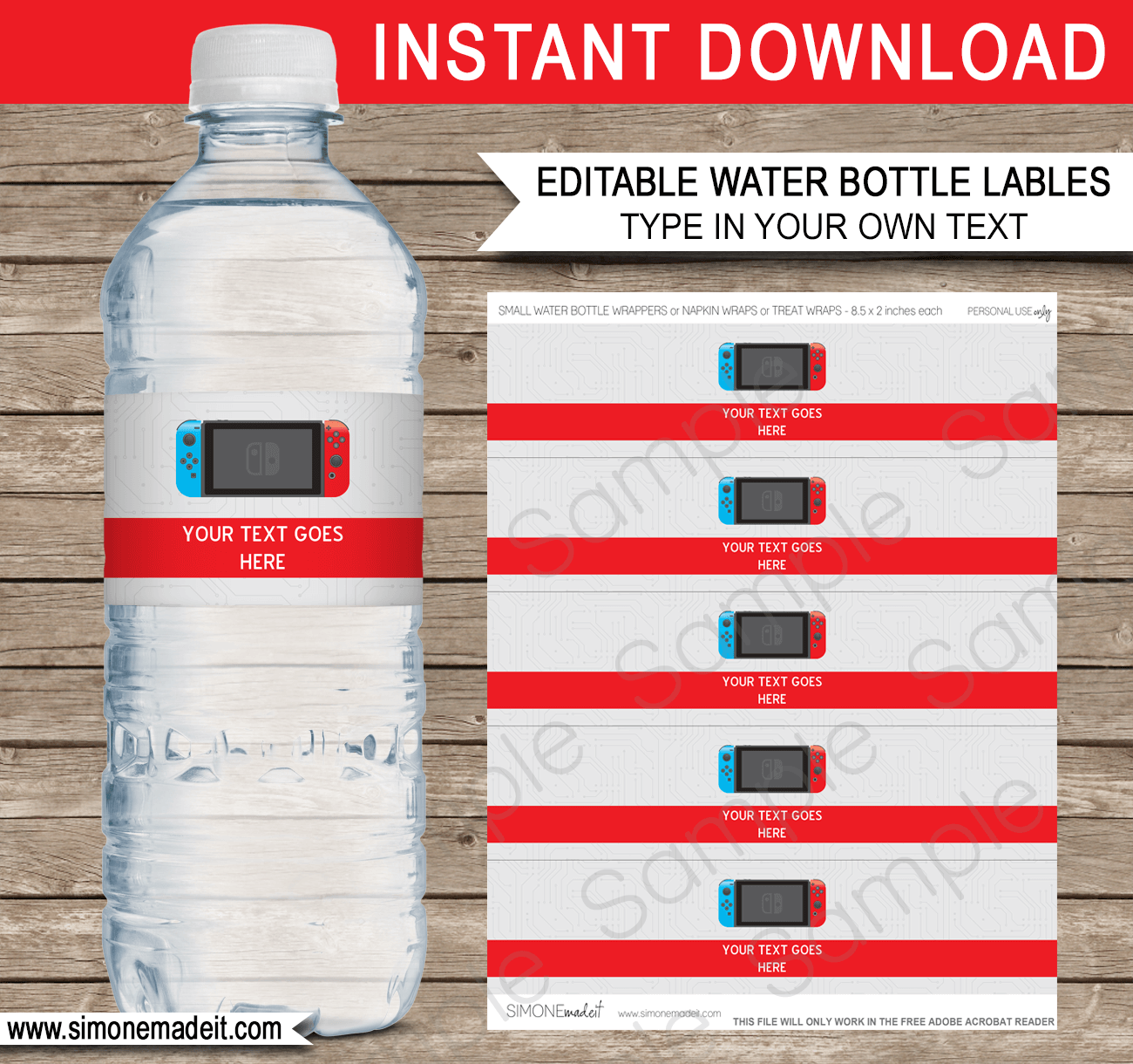 Nintendo Switch Water Bottle Labels | Video Game Theme Birthday Party Template | Gamer | Napkin Wraps | Treat Wraps | INSTANT DOWNLOAD via simonemadeit.com