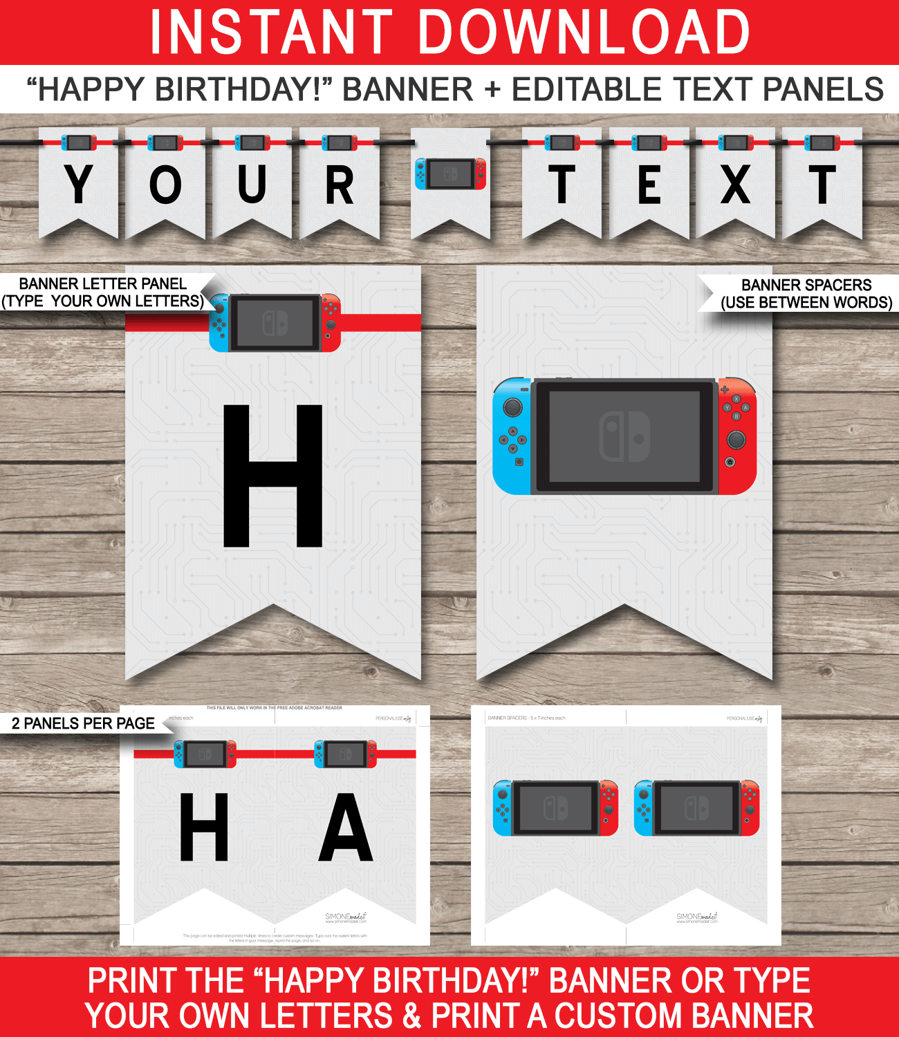 Nintendo Switch Pennant Banner Template - Video Game Theme Birthday Party Decorations - Happy Birthday Banner - Instant Download via simonemadeit.com