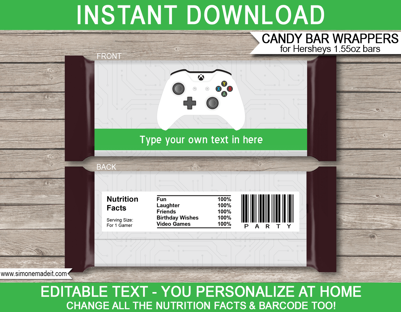 Printable Xbox Party Candy Bar Wrappers | Birthday Party Favors | Personalized Hershey Candy Bars | Editable Template | INSTANT DOWNLOAD $3.00 via simonemadeit.com