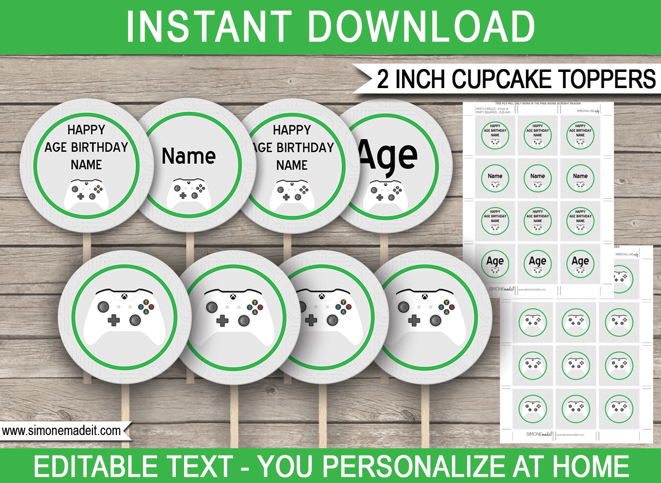 Printable Xbox Cupcake Toppers | Video Game Theme | 2 inch | Gift Tags | DIY Editable & Template | INSTANT DOWNLOAD via simonemadeit.com