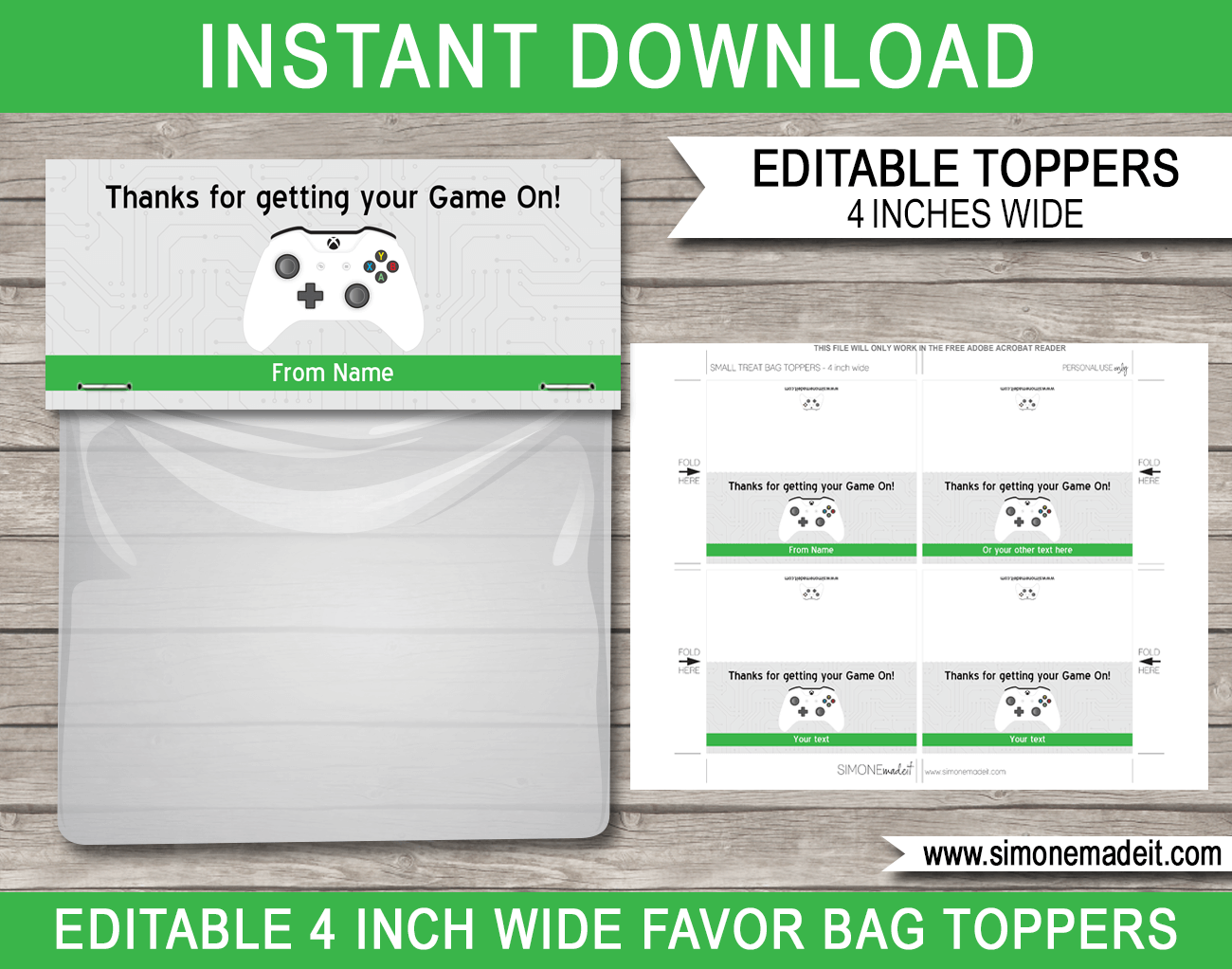 Printable Xbox Party Favor Bag Toppers | White Xbox controller | Video Game Birthday Party | Editable DIY Template | $3.00 INSTANT DOWNLOAD via SIMONEmadeit.com