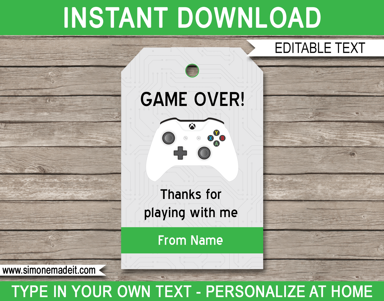 Xbox Party Favor Tags | Thank You Tags | Video Game Theme Birthday Party Favor | Editable & Printable DIY Template | via SIMONEmadeit.com