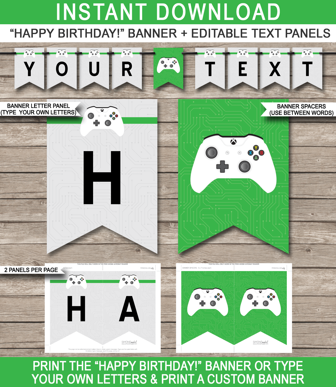 Xbox Party Pennant Banner Template | Video Game Theme Happy Birthday Banner | Custom Banner | DIY Editable & Printable Template | Instant Download via simonemadeit.com