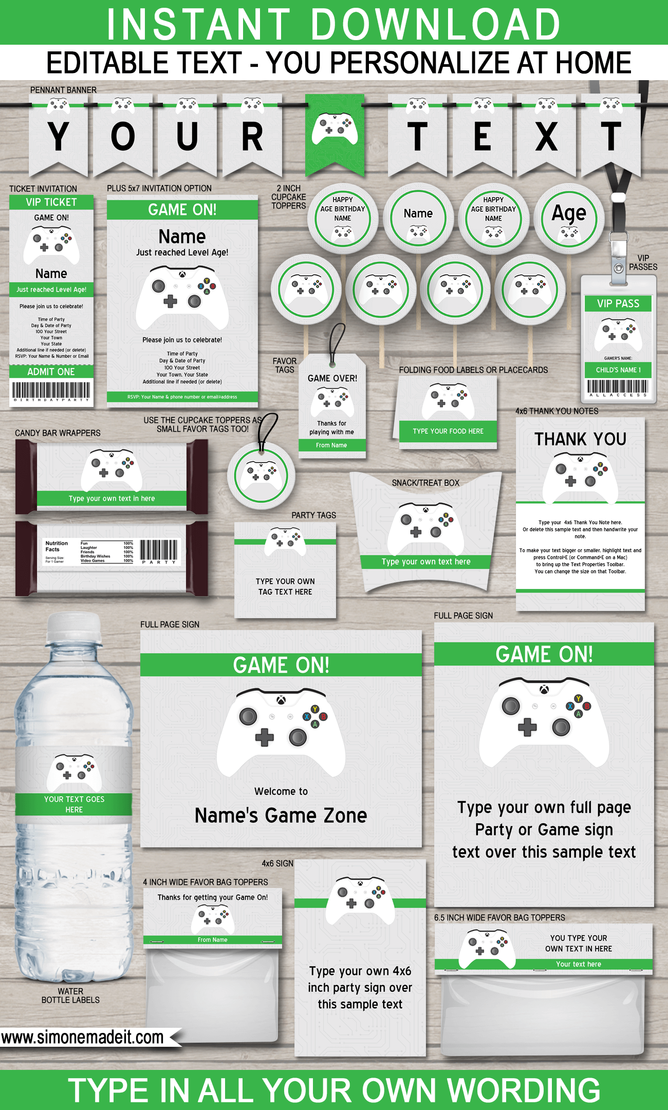 Printable Xbox Birthday Party Invitations & Decorations - Video Game Birthday Party Themes - Editable & Printable templates - INSTANT DOWNLOAD via simonemadeit.com
