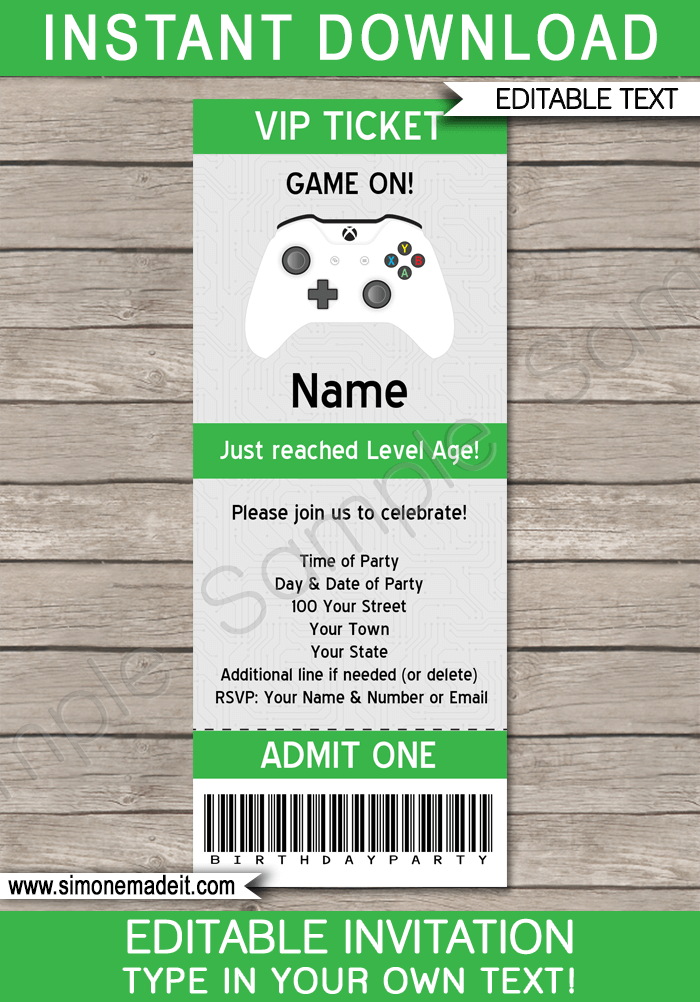 Xbox Party Ticket Invitation Template | Video Game Birthday Party | Gamer Theme | Editable & Printable DIY Template | INSTANT DOWNLOAD $7.50 via simonemadeit.com