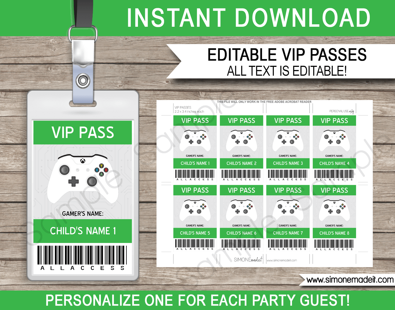 Xbox Party VIP Passes | Video Game Birthday Party | Gamer Theme | Printable Template with editable text | INSTANT DOWNLOAD via simonemadeit.com