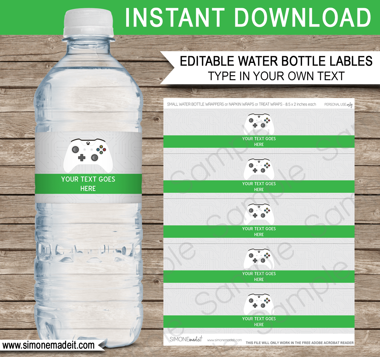 Xbox Party Water Bottle Labels | Video Game Theme Birthday Party Template | White Xbox Controller | Gamer | Napkin Wraps | Treat Wraps | INSTANT DOWNLOAD via simonemadeit.com