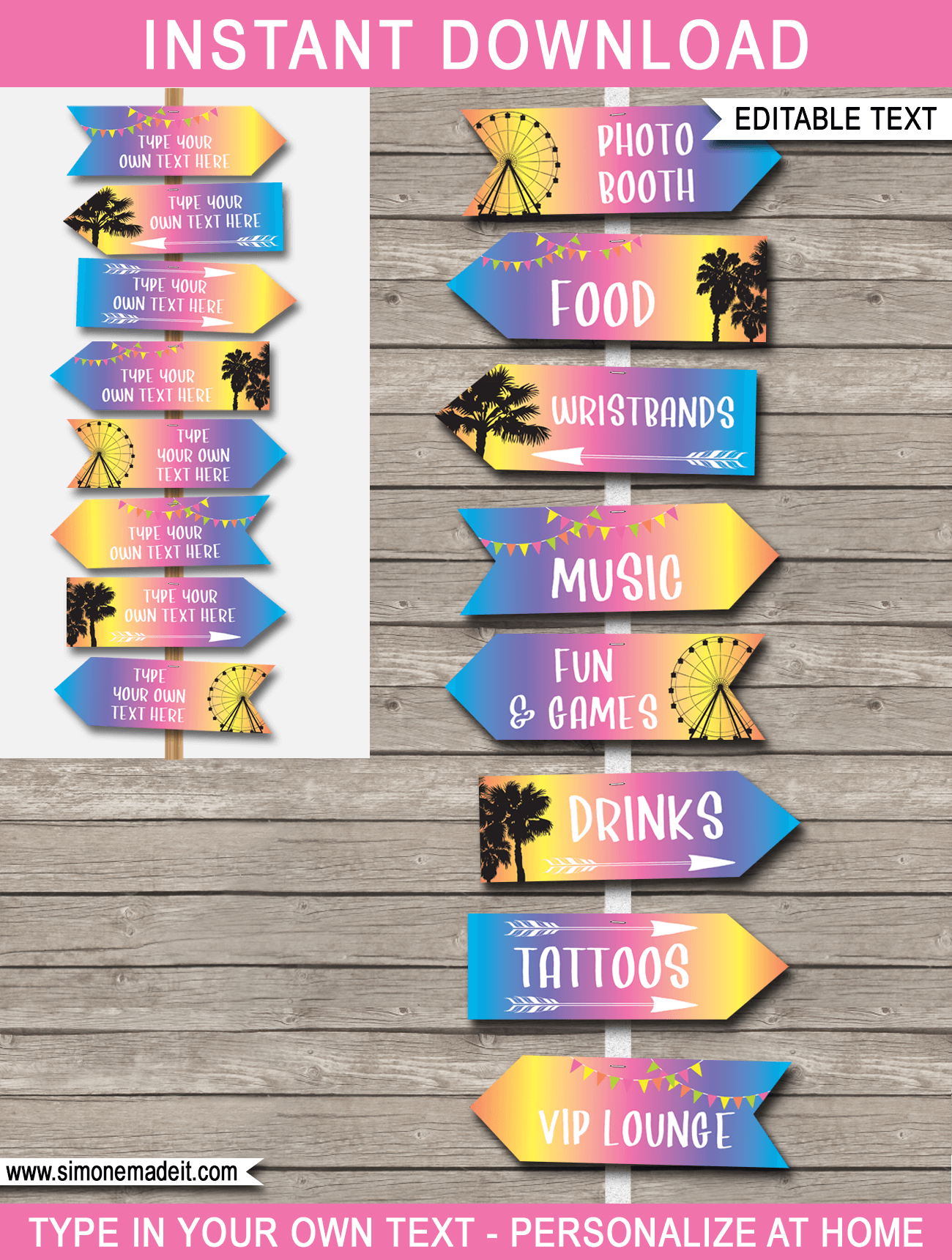 Printable Coachella Party Signs | Direction Arrows | Festival Themed Party Decorations | Birthday Party | Kidchella, Fauxchella, Music Festival, Fete, Gala, Fair, Carnival | Direction Signs | Arrows | Editable DIY Template | INSTANT DOWNLOAD via SIMONEmadeit.com