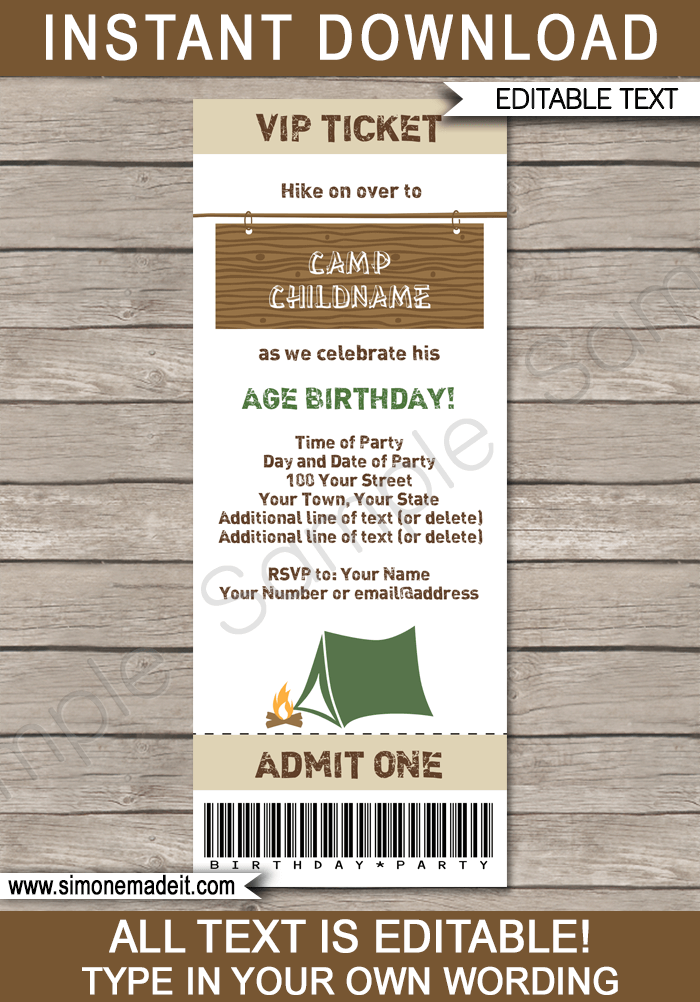 Camping Party Ticket Invitation Template | Camping Birthday Party Ticket Invite | Camp Theme Party | Editable & Printable Template | INSTANT DOWNLOAD via simonemadeit.com