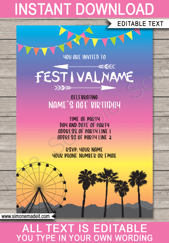 Printable Coachella Party Invitations Template | Festival Inspired Invite | Kidchella, Fauxchella, Music Festival, Fete, Gala, Fair, Carnival | Editable & Printable Template | Instant Download via simonemadeit.com