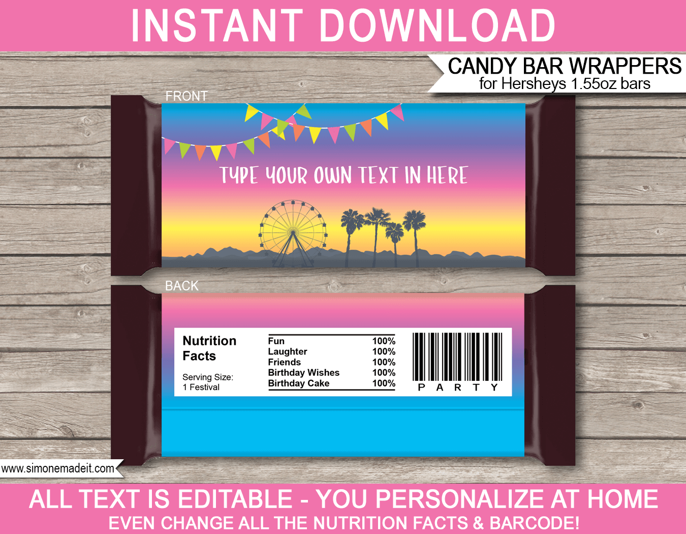 Printable Festival Hershey Candy Bar Wrappers | Festival Inspired Birthday Party Favors | Personalized Hershey Candy Bars | music festival, gala, fete, fair, carnival | Editable Template | INSTANT DOWNLOAD via simonemadeit.com