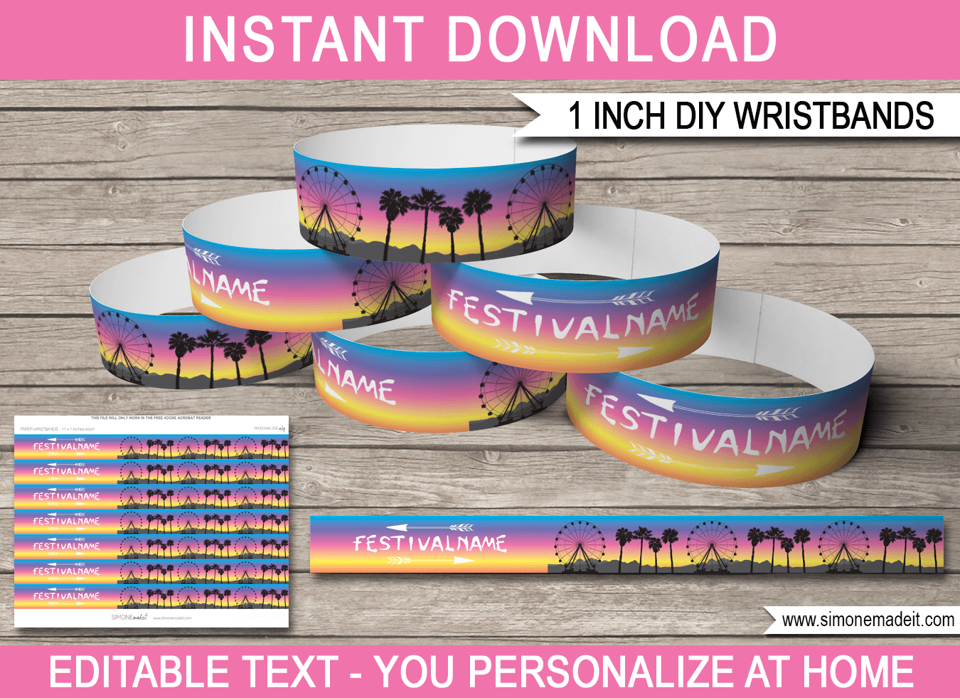 Coachella Party Printable Wristbands | Kidchella, Fauxchella, Music Festival, Fete, Gala, Fair, Carnival | Printable Party Decorations | Festival Themed Birthday Party | Editable DIY Template | Instant Download via SIMONEmadeit.com