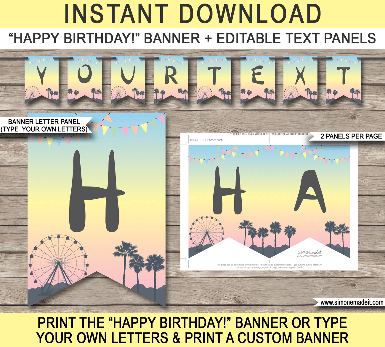 Printable Coachella Themed Party Pennant Banner Template | Festival Happy Birthday Banner | Custom Banner | music festival, gala, fete, fair, carnival | DIY Editable Template | Instant Download via simonemadeit.com