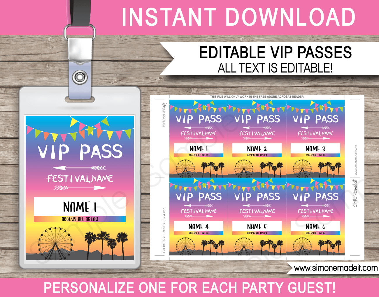 Printable Coachella Party VIP Passes | Festival VIP Pass |  Kidchella, Fauxchella, Festival Theme | Music Festival, Fete, Gala, Fair, Carnival | Editable & Printable Template | Instant Download via simonemadeit.com