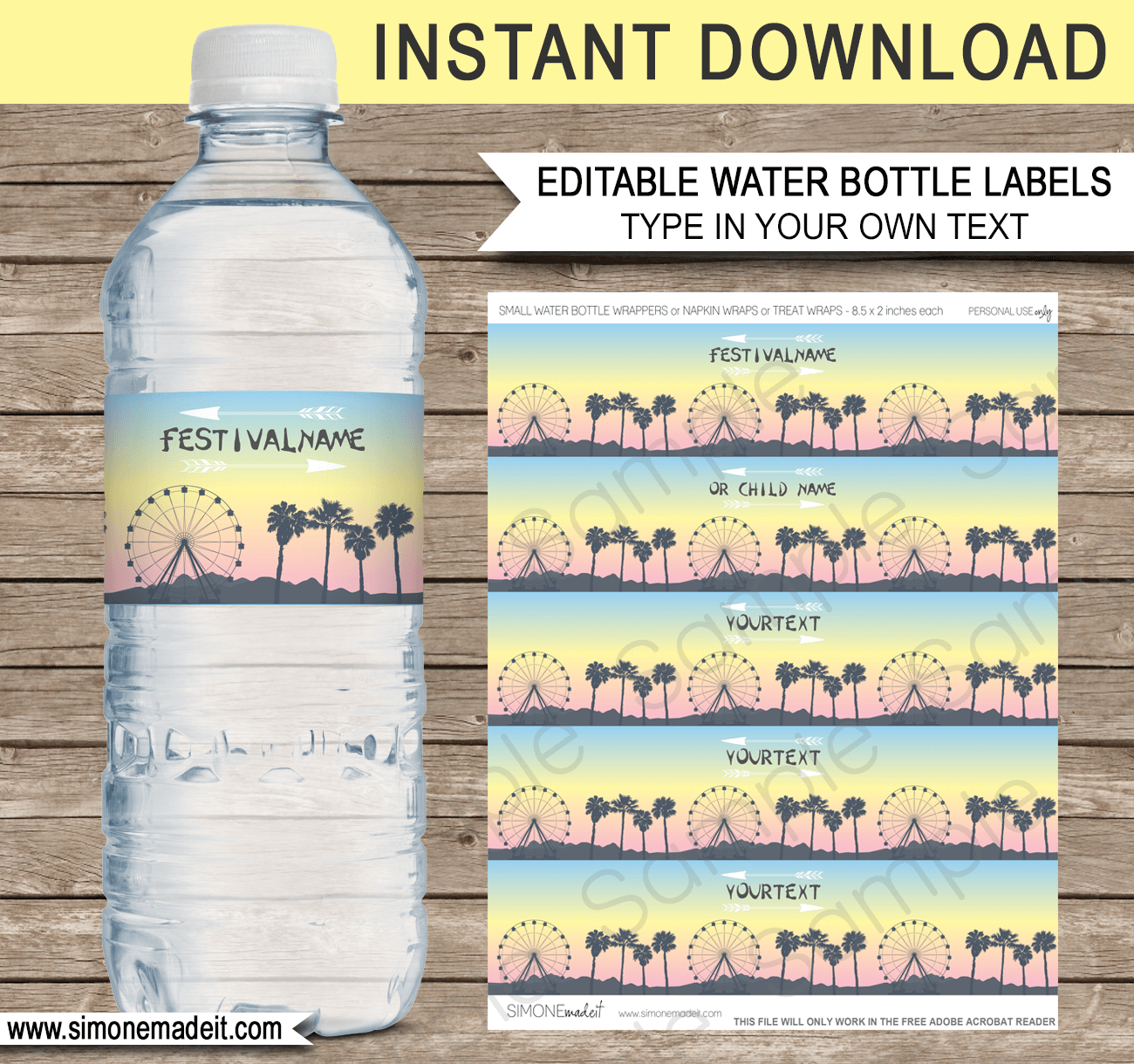 Printable Festival Themed Party Water Bottle Labels | Birthday Party Decorations | Editable DIY Template | Fete, Gala, Fair, Carnival, Music Festival | INSTANT DOWNLOAD via SIMONEmadeit.com
