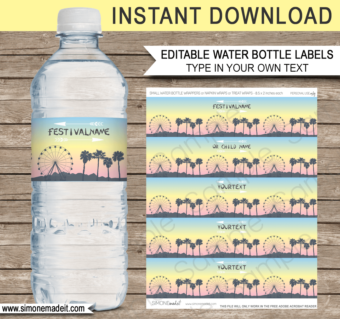 Printable Coachella Themed Party Water Bottle Labels | Birthday Party Decorations | Editable DIY Template | Fete, Gala, Fair, Carnival, Music Festival | INSTANT DOWNLOAD via SIMONEmadeit.com