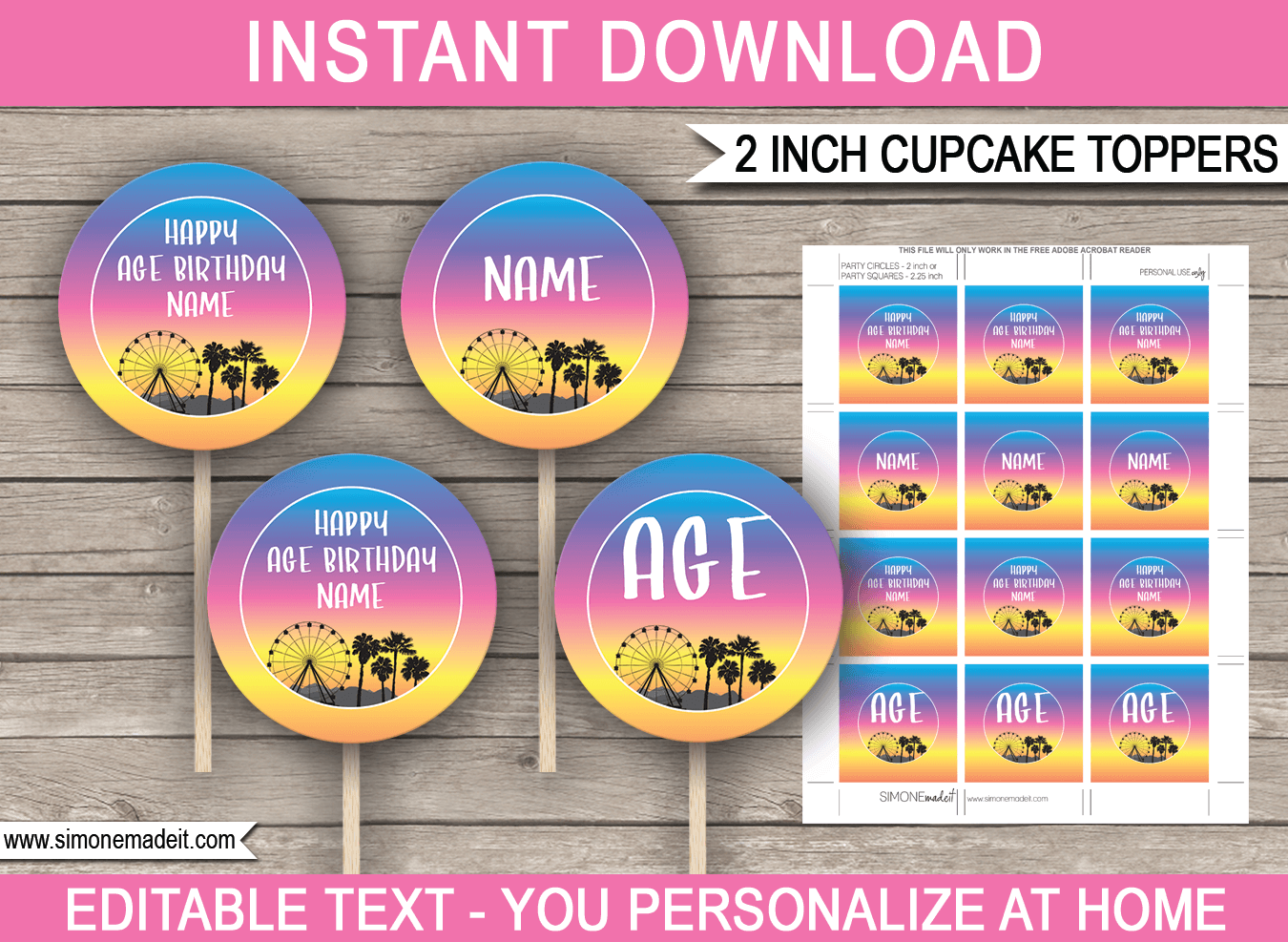 Printable Festival Party Cupcake Toppers | 2 inch | Festival Theme Birthday Party | Gala, Fete, Fair, Carnival | DIY Editable Template | INSTANT DOWNLOAD via simonemadeit.com