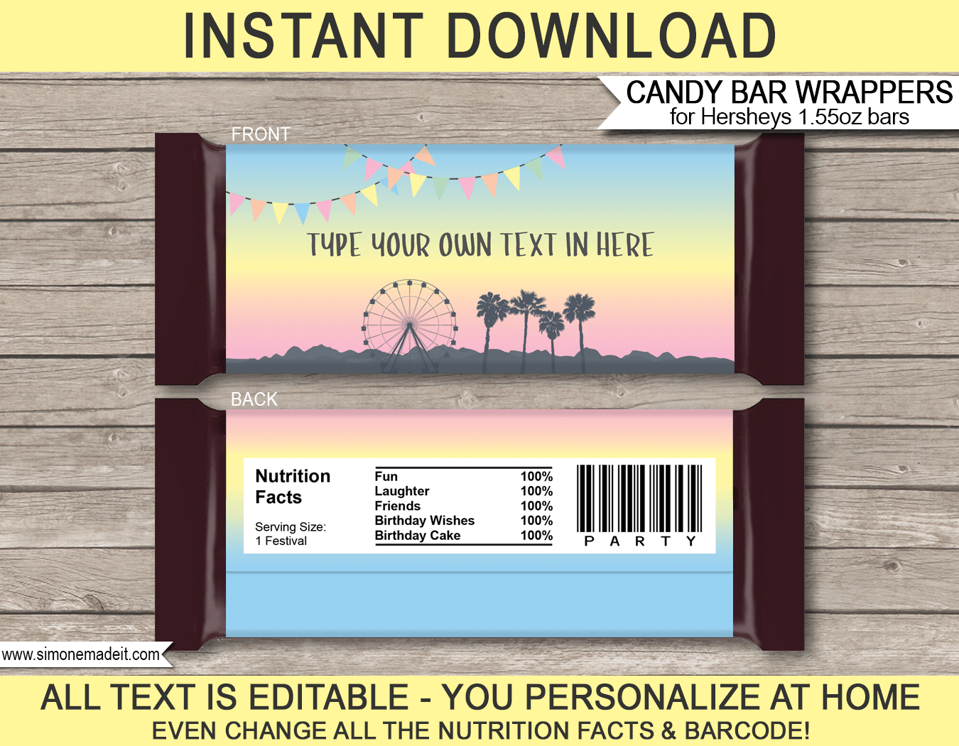 Printable Coachella Themed Party Candy Bar Wrappers | Festival Birthday Party Favors | Personalized Hershey Candy Bars | Editable Template | INSTANT DOWNLOAD via simonemadeit.com