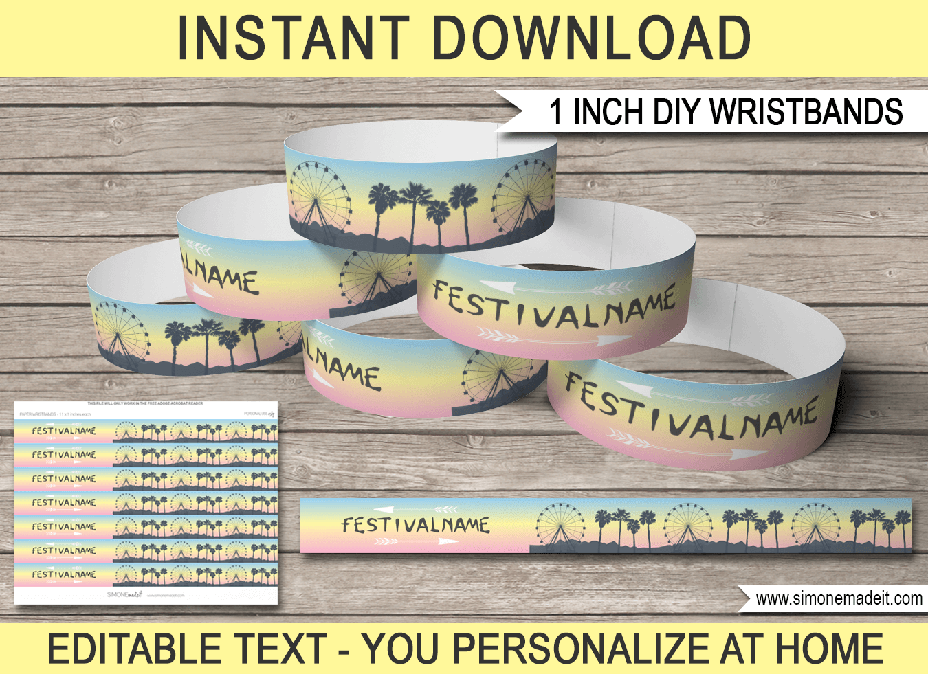 Printable Coachella Themed Party Wristbands | Kidchella, Fauxchella, Music Festival, Fete, Gala, Fair, Carnival | Party Decorations | Festival Inspired Birthday Party | Editable DIY Template | Instant Download via SIMONEmadeit.com