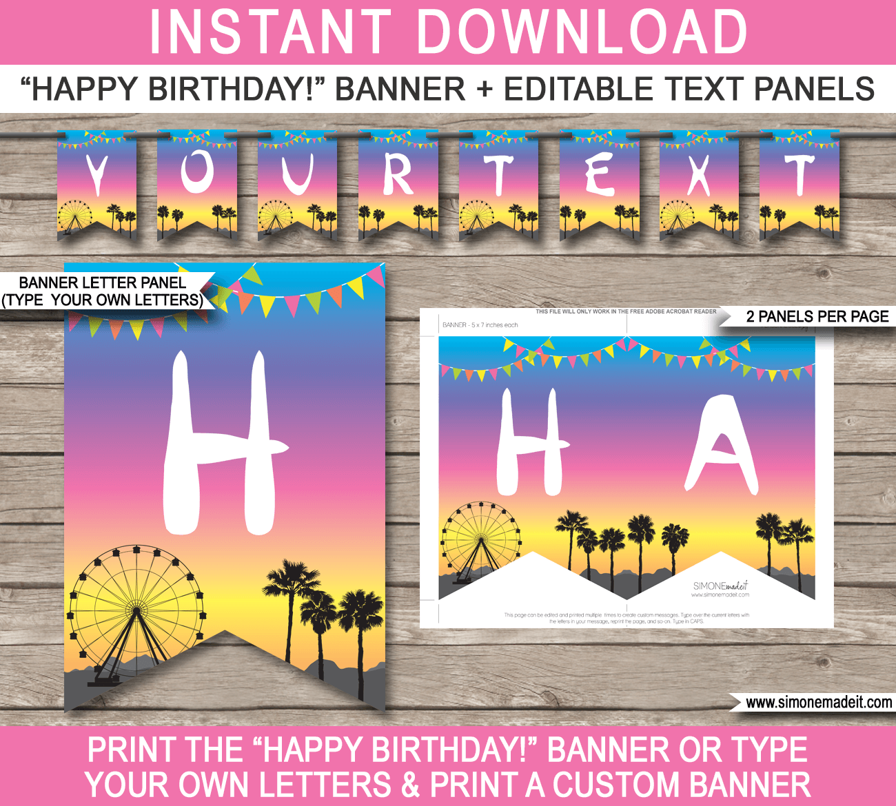 Printable Coachella Party Banner Template | Festival Inspired Happy Birthday Pennant Banner | Custom Banner | DIY Editable Template | Instant Download via simonemadeit.com