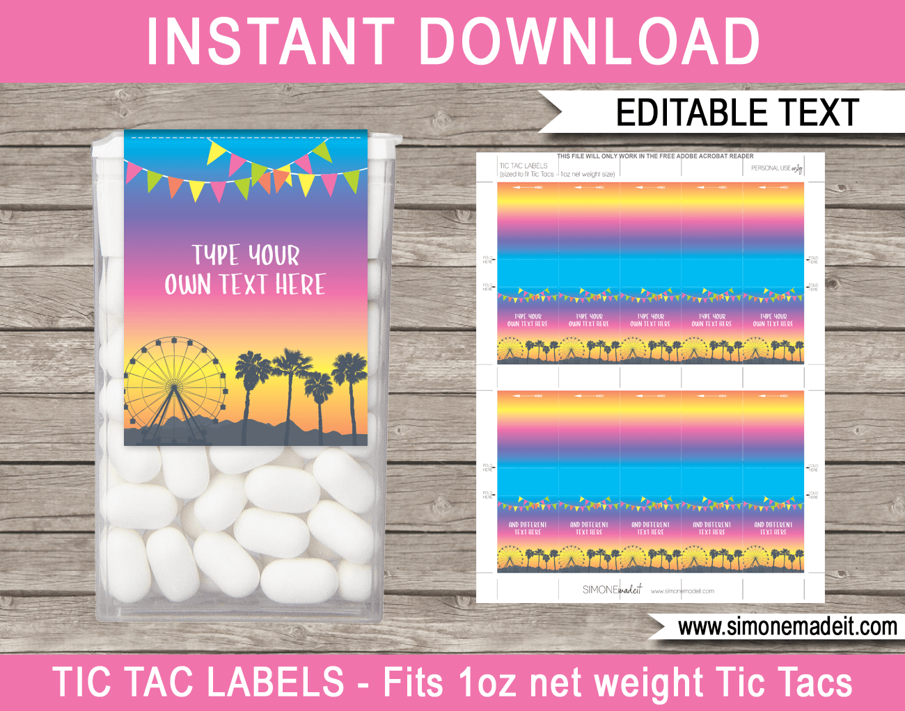 Coachella Party Tic Tac Labels | Festival Inspired Birthday Party Favors | Editable & Printable Template | Instant Download via simonemadeit.com