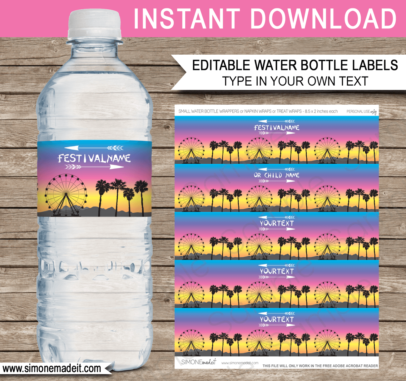 Printable Festival Party Water Bottle Labels | Festival Inspired Birthday Party Decorations | Editable DIY Template | Fete, Gala, Fair, Carnival, Music Festival | INSTANT DOWNLOAD via SIMONEmadeit.com