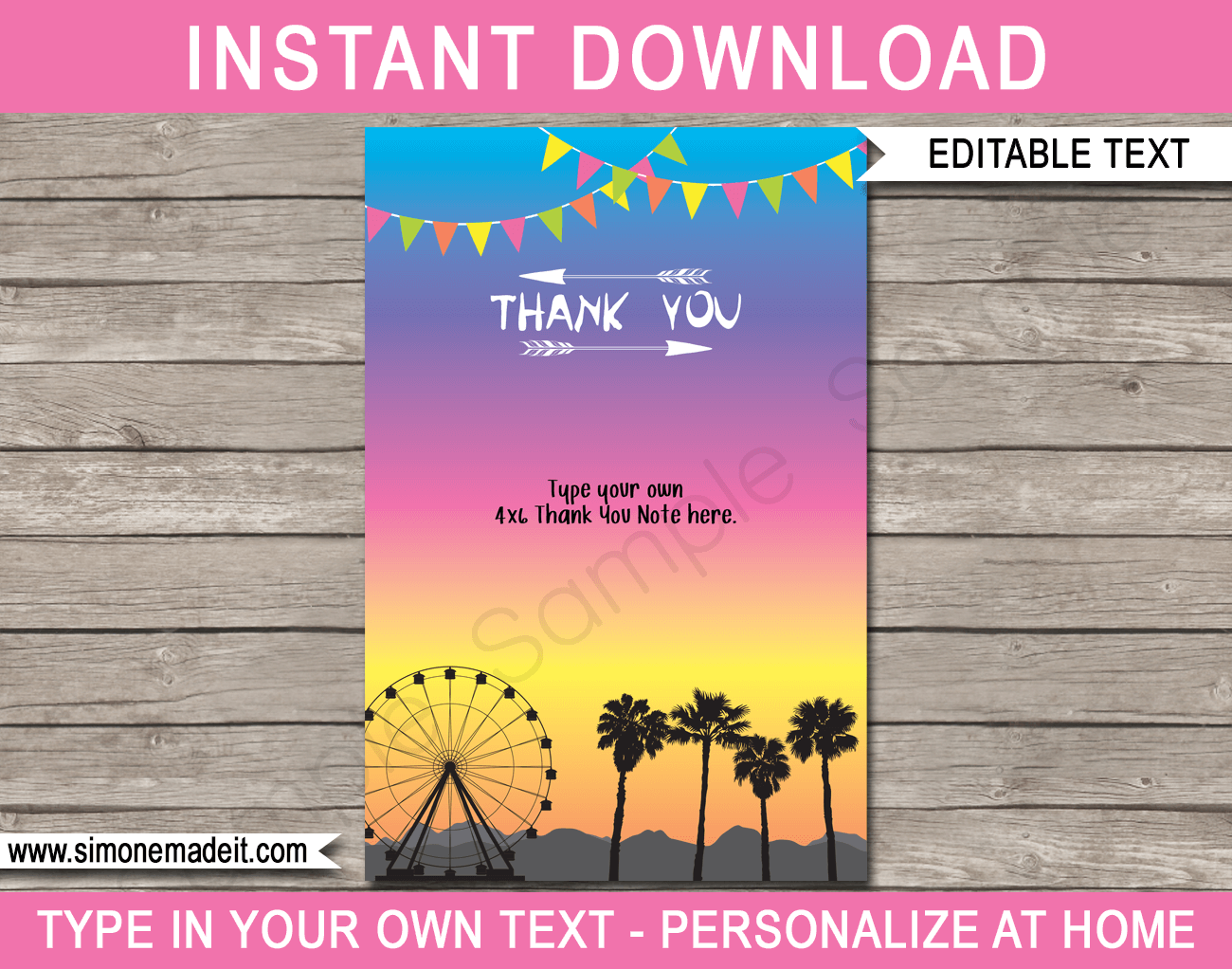 Coachella Party Thank You Cards - editable & printable template - Festival Inspired Birthday Party - Instant Download via simonemadeit.com