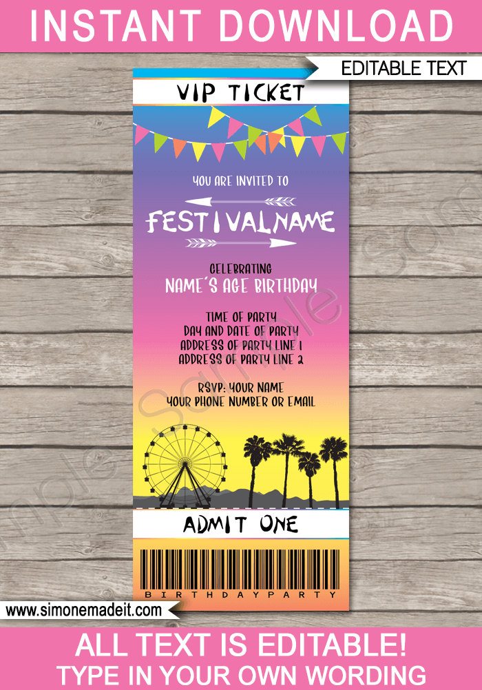 Printable Coachella Party Ticket Invitation Template | Festival Theme | Festival Birthday Invite | Kidchella | Music Festival, Fete, Gala, Fair, Carnival | Editable & Printable Template | Instant Download via simonemadeit.com