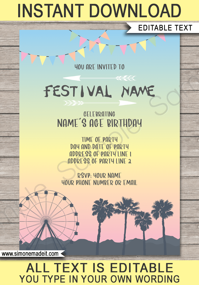 Printable Coachella Themed Party Invitations Template | Music Festival Invite | Kidchella | Fete, Gala, Fair, Carnival | Editable & Printable Template | Instant Download via simonemadeit.com