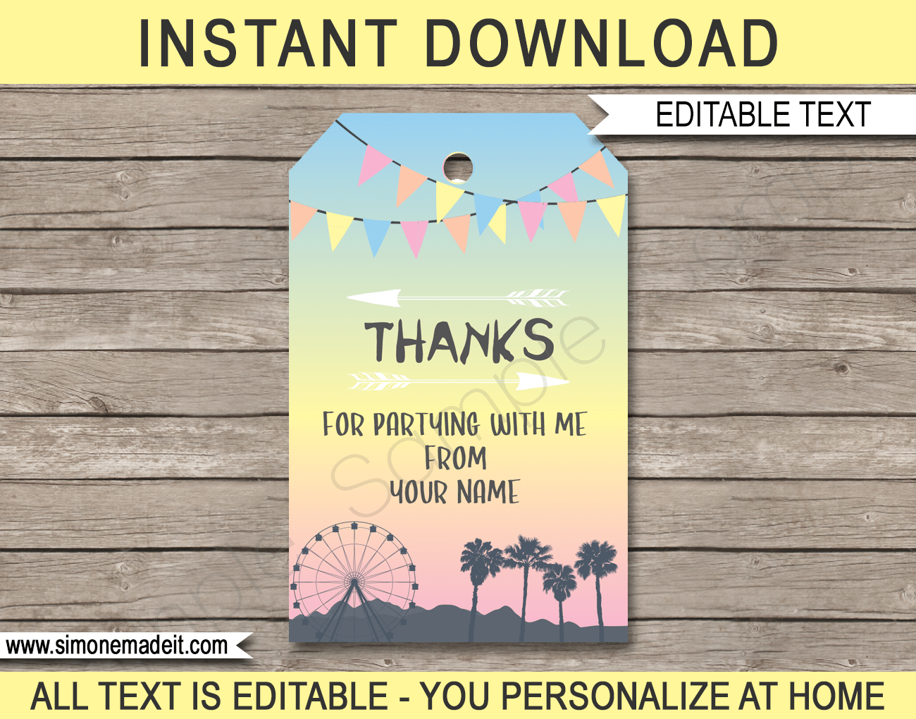 Printable Coachella Themed Party Favor Tags | Thank You Tags | Kidchella, Music Festival, Fete, Gala, Fair, Carnival | Birthday Party Favors | Editable DIY Template | via SIMONEmadeit.com