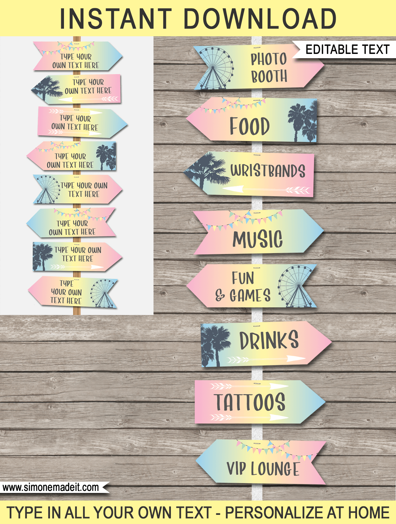 Printable Coachella Themed Party Directional Signs | Festival Party Decorations | Birthday Party | Kidchella, Festival, Fete, Gala, Fair, Carnival | Direction Signs | Arrows | Editable DIY Template | INSTANT DOWNLOAD via SIMONEmadeit.com