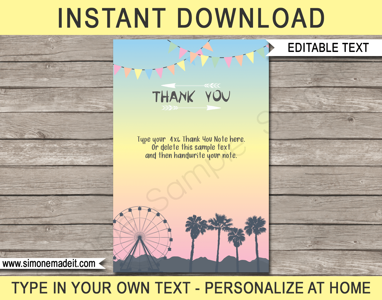 Printable Festival Themed Party Thank You Cards - editable template - Festival Inspired Birthday Party - Instant Download via simonemadeit.com