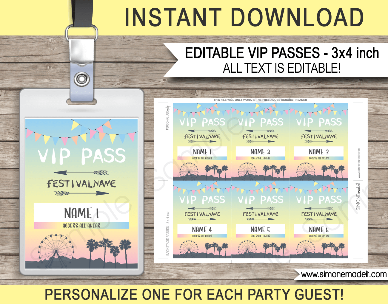 Printable Coachella Themed Party VIP Passes | Festival VIP Pass | Kidchella | Music Festival, Fete, Gala, Fair, Carnival | Editable & Printable Template | Instant Download via simonemadeit.com