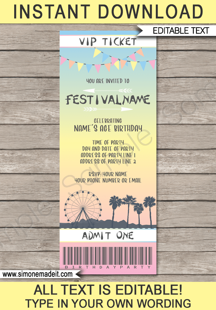 Printable Coachella Themed Party Ticket Invitation Template | Festival Birthday Invite | Kidchella | Music Festival, Fete, Gala, Fair, Carnival | Editable & Printable Template | Instant Download via simonemadeit.com