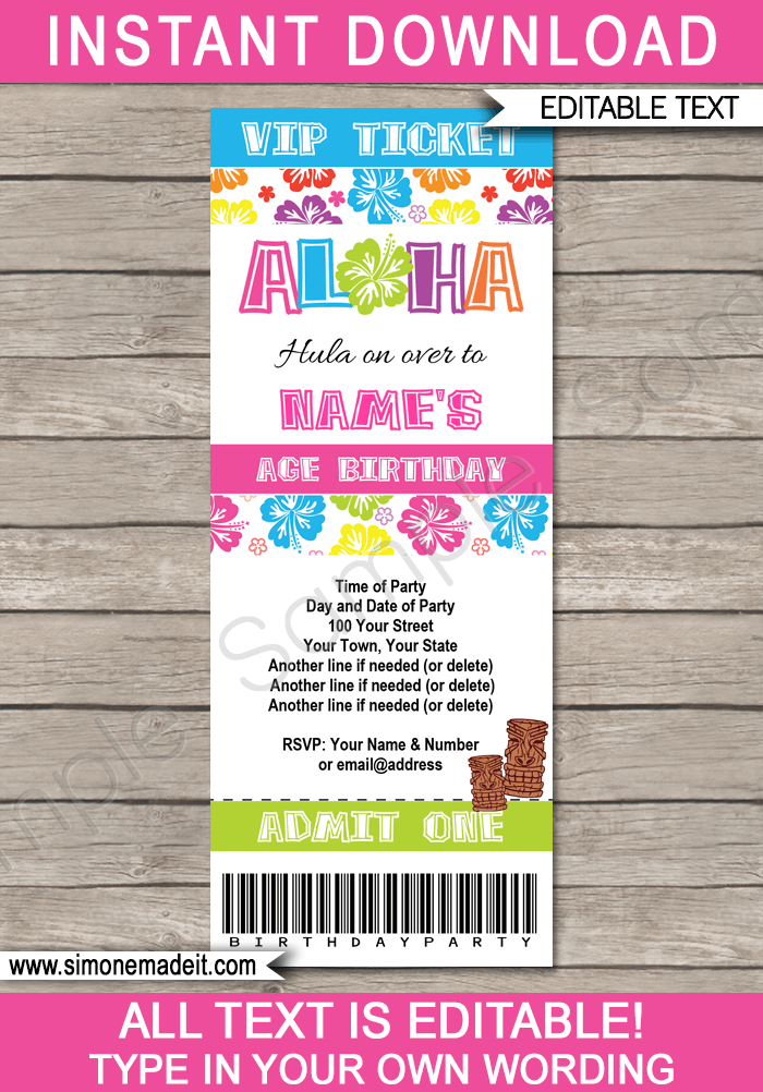 Luau Party Ticket Invitation Template | Luau Birthday Party Ticket Invite | Hawaiian Luau Theme Party | Editable & Printable Template | INSTANT DOWNLOAD via simonemadeit.com