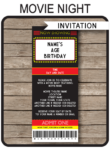 Movie Night Ticket Invitation Template | Movie Night Birthday Party Ticket Invite | Movie Theme Party | Editable & Printable Template | INSTANT DOWNLOAD via simonemadeit.com