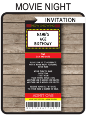 Movie Night Ticket Invitation Template | Movie Night Birthday Party Ticket Invite | Movie Theme Party | Editable & Printable Template | INSTANT DOWNLOAD via simonemadeit.com