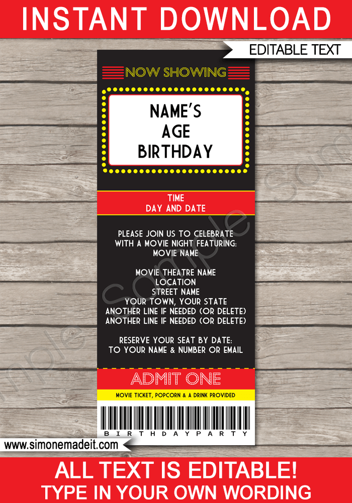 Movie Night Ticket Invitation Template Movie Birthday Party Ticket Invite
