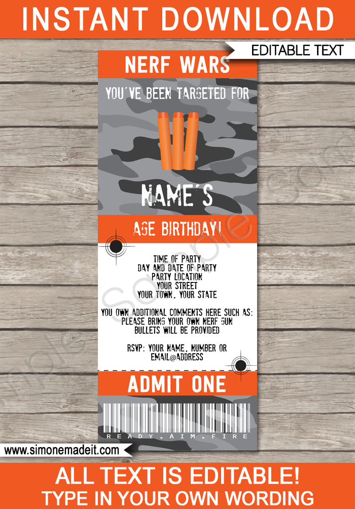 Nerf Wars Ticket Invitations | Nerf Birthday Party Invite | Nerf Theme Party | Editable & Printable Template | INSTANT DOWNLOAD via simonemadeit.com