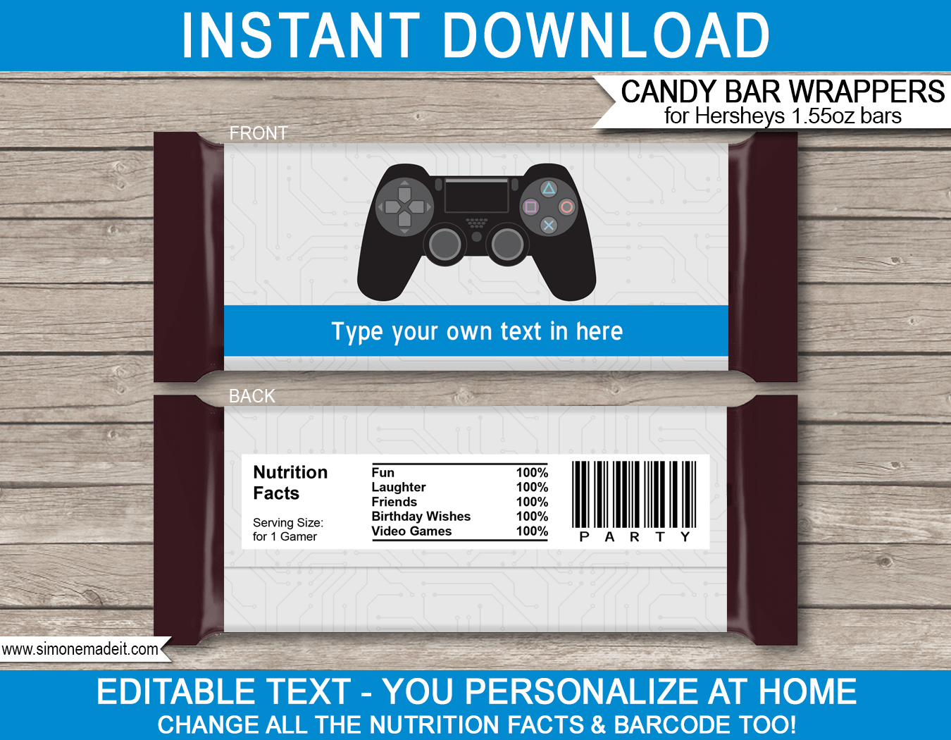 Printable Playstation Birthday Party Candy Bar Wrappers | Birthday Party Favors | Personalized Hershey Candy Bars | Editable Template | INSTANT DOWNLOAD $3.00 via simonemadeit.com