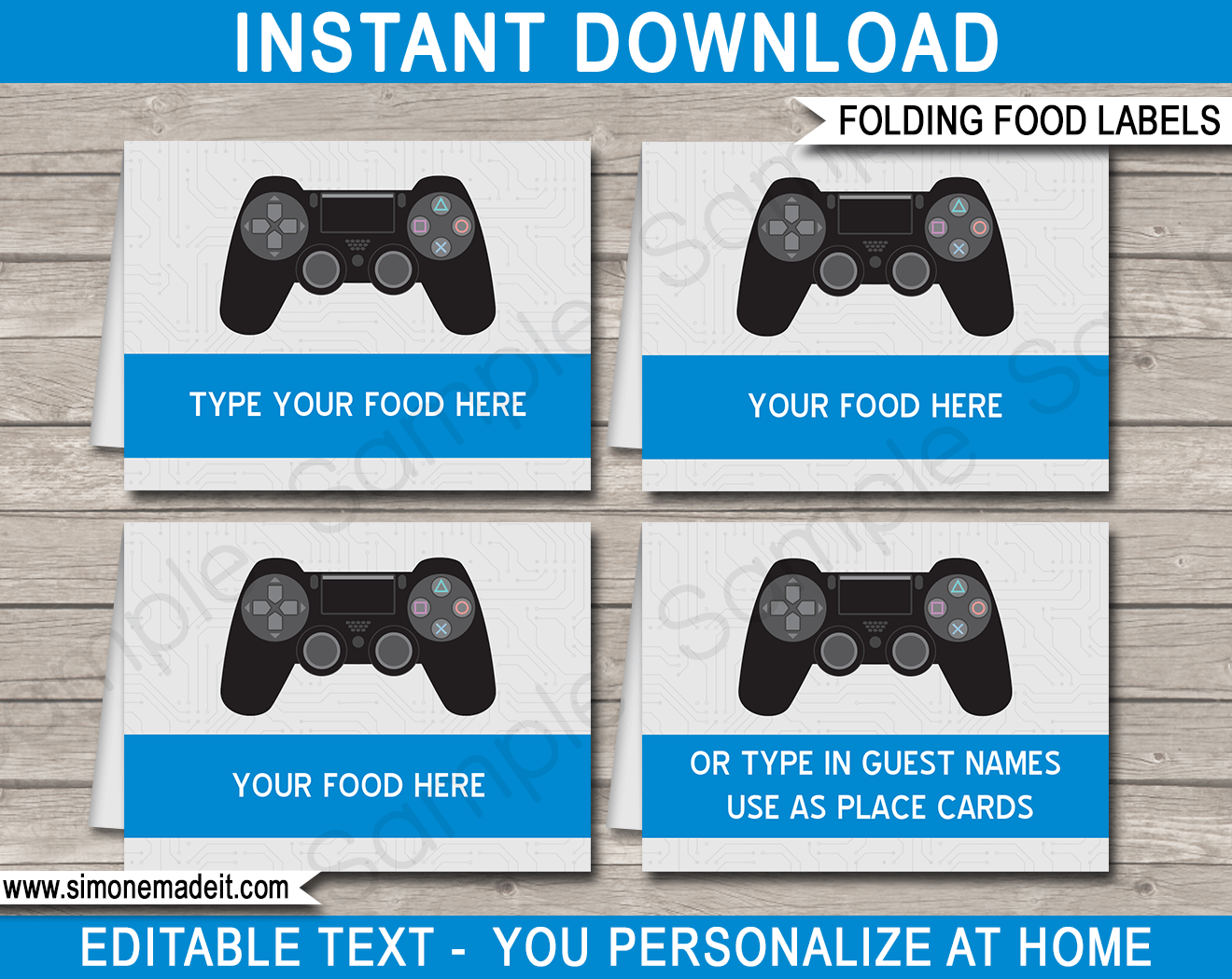 Printable Playstation Birthday Party Food Labels | Black Playstation controller | Food Buffet Tags | Place Cards | Video Game Theme Birthday Party | Editable DIY Template | Instant Download via SIMONEmadeit.com