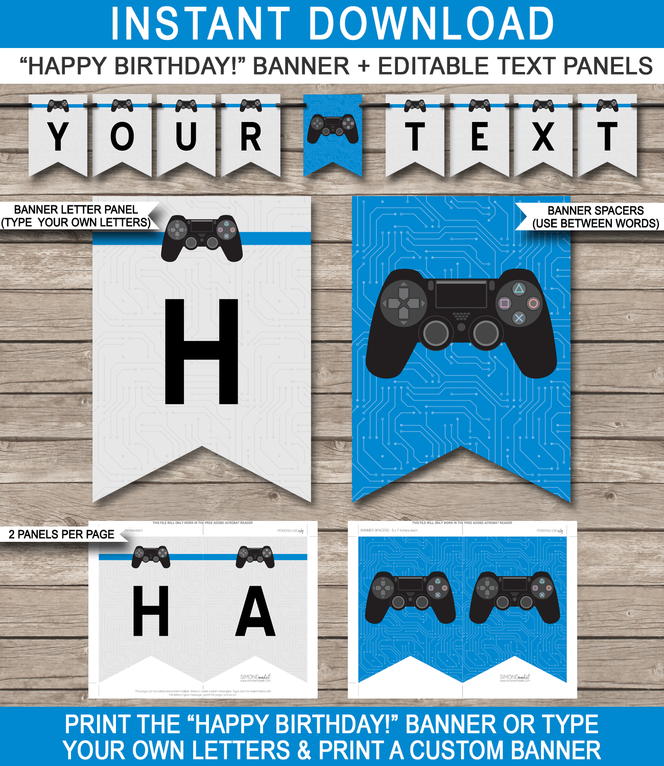 Printable Playstation Birthday Party Pennant Banner Template | Video Game Theme Happy Birthday Banner | Custom Banner | DIY Editable Template | Instant Download via simonemadeit.com