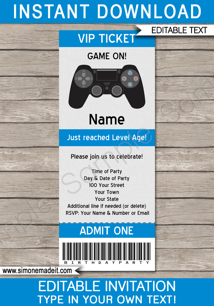 Printable Playstation Birthday Party Ticket Invitation Template | Video Game Birthday Party | Gamer Theme | Editable DIY Template | INSTANT DOWNLOAD $7.50 via simonemadeit.com