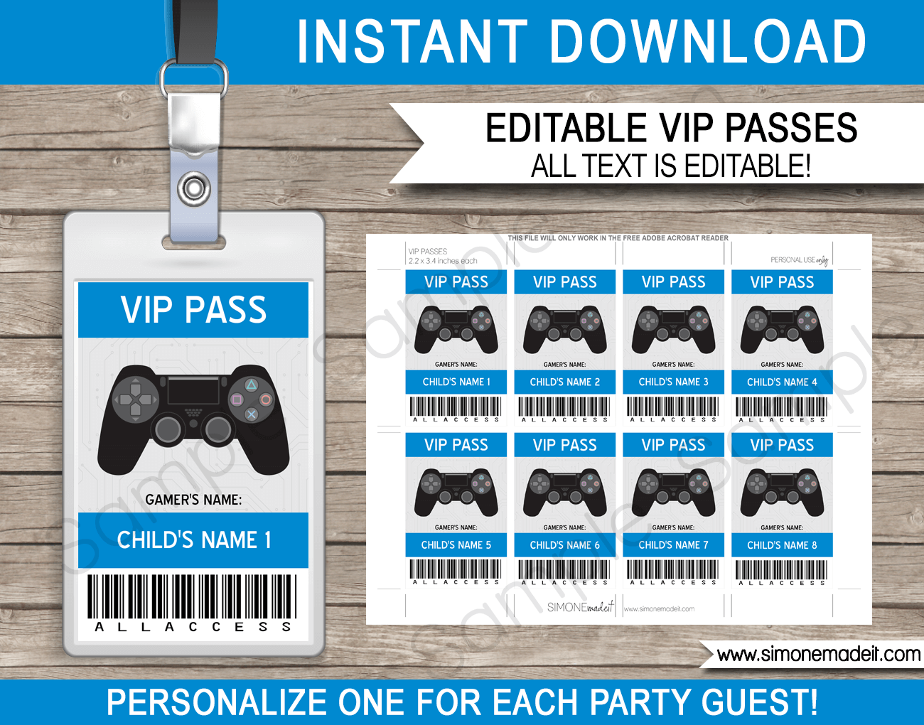 Printable Playstation Birthday Party VIP Passes | Video Game Theme | Gamer Theme | Printable Template with editable text | Access All Areas Pass | INSTANT DOWNLOAD via simonemadeit.com