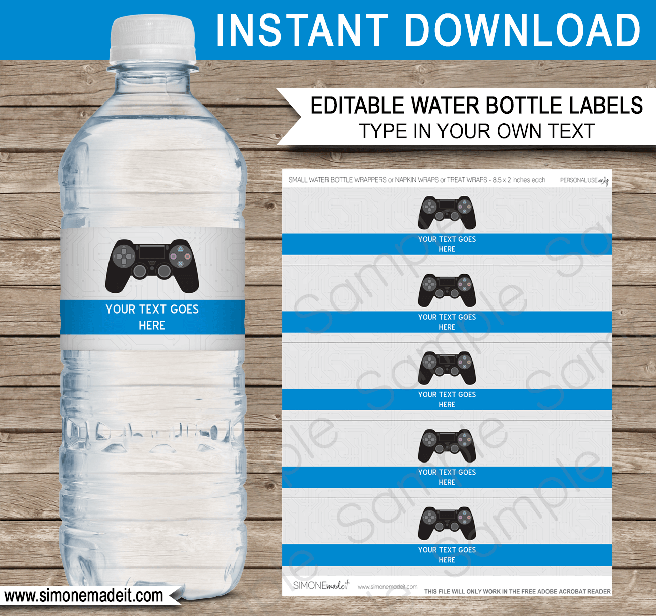 Printable Playstation Birthday Party Water Bottle Labels | Video Game Theme Birthday Party Template | Black Playstation Controller | Gamer | Napkin Wraps | Treat Wraps | INSTANT DOWNLOAD via simonemadeit.com