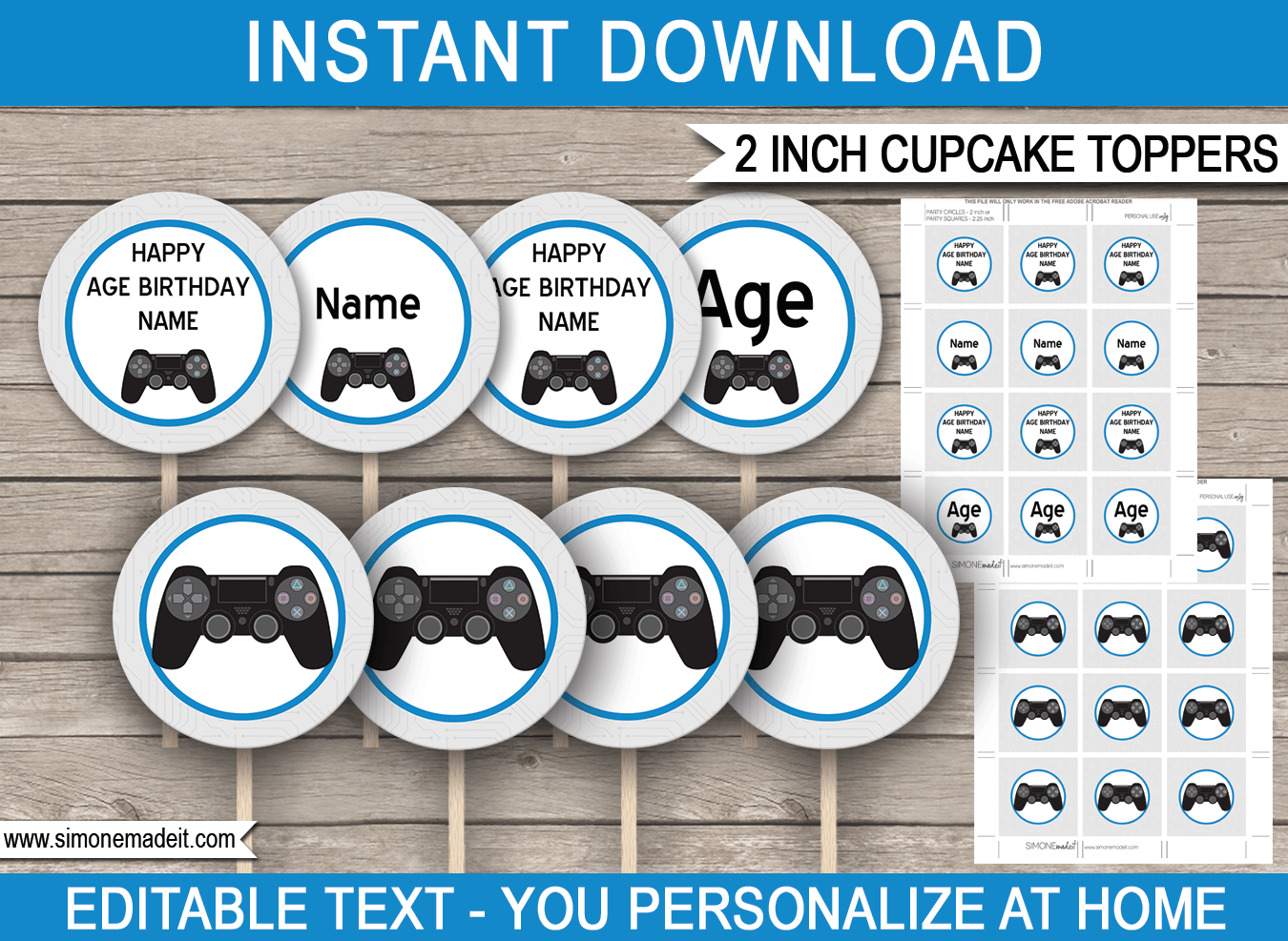 Printable Playstation Birthday Party Cupcake Toppers | Video Game Theme | 2 inch | Gift Tags | DIY Editable Template | INSTANT DOWNLOAD via simonemadeit.com