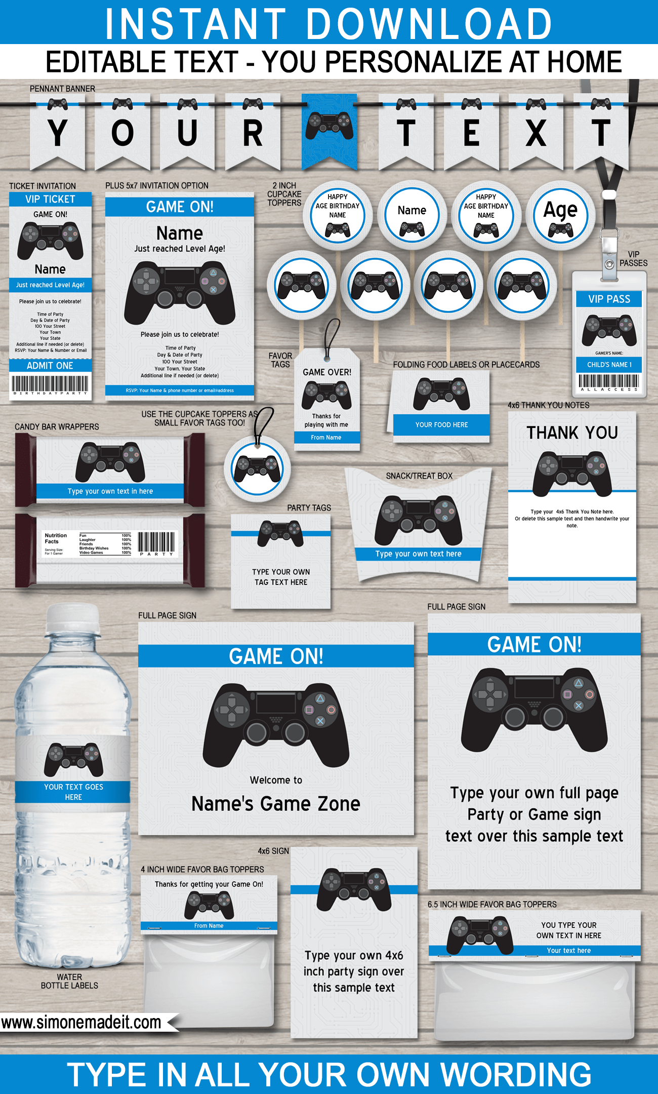 Playstation Birthday Party Printables, Invitations & Decorations - Video Game Theme - Black Playstation Controller - Gamer - Editable & Printable templates - INSTANT DOWNLOAD via simonemadeit.com