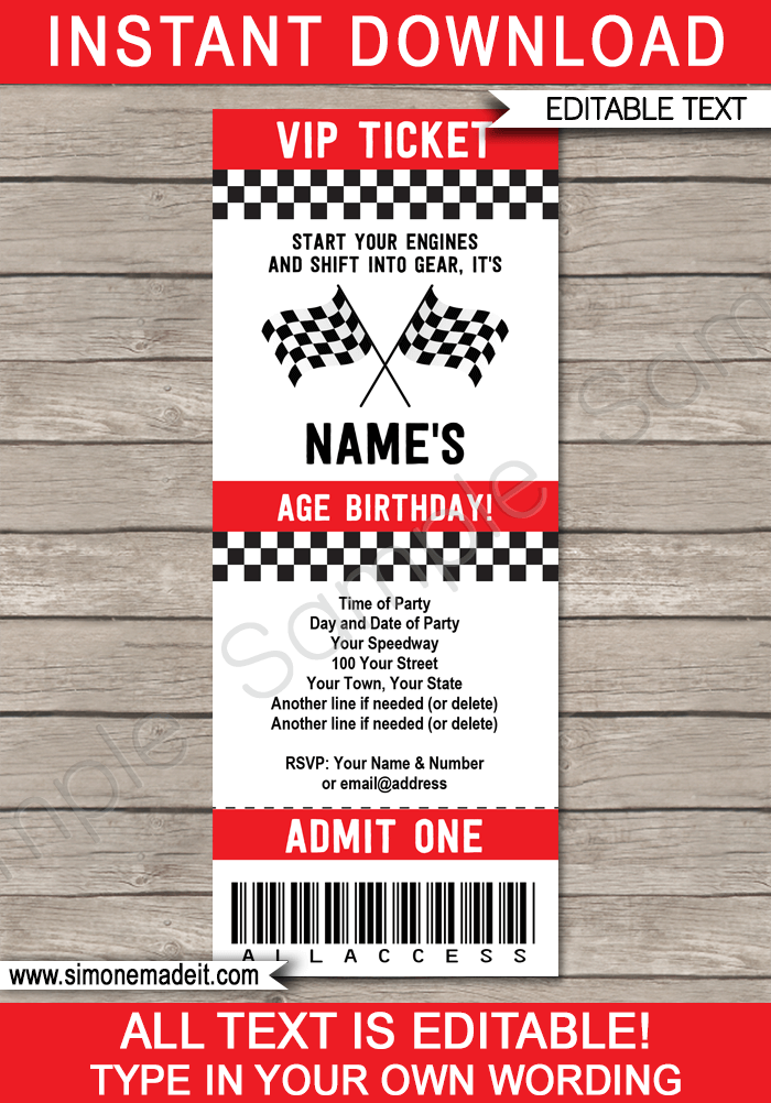 Race Car Party Ticket Invitations | Race Car Birthday Party Invite | Race Car Theme Party | Racing Car | Editable & Printable Template | INSTANT DOWNLOAD via simonemadeit.com